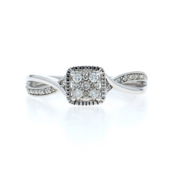 White Gold Diamond Cluster Engagement Ring - 10k Round .20ctw Milgrain - Picture 1 of 6